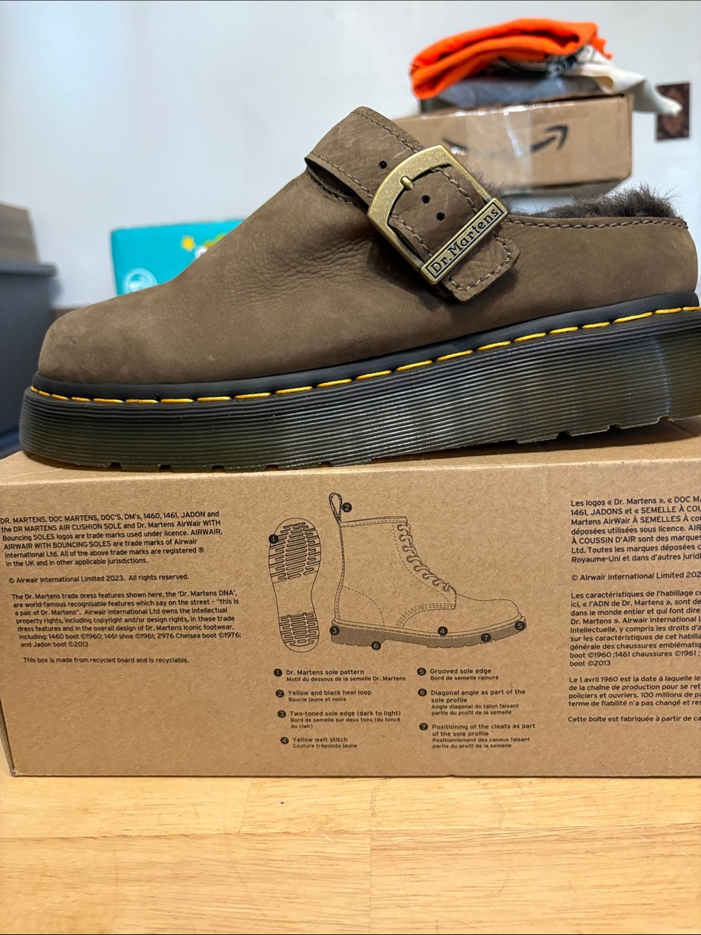 Dr. Martens  Brown Suede Buckle Clog with Yellow Stitching - Picture 3 of 6